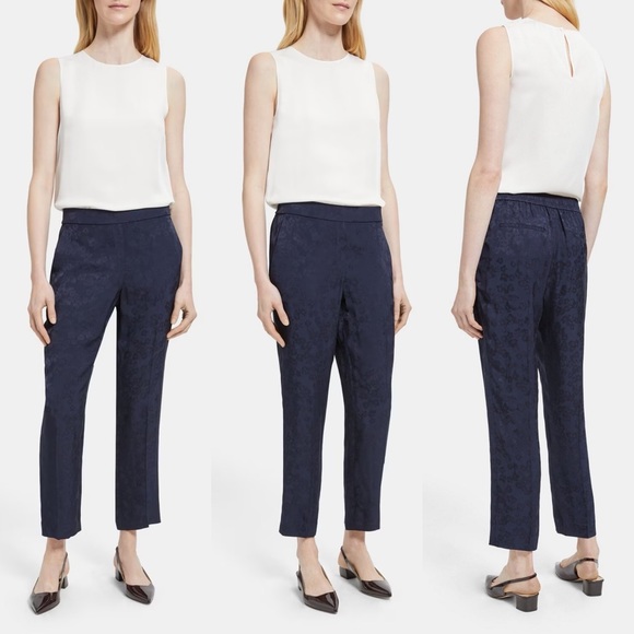 Theory Slim Pull On Pant in Viscose Jacquard Floral Navy Blue Ankle Trousers 6 - Picture 2 of 15
